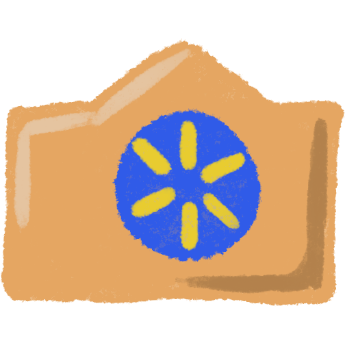 An orange building with a blue circle and six yellow lines to make a star - the Walmart logo